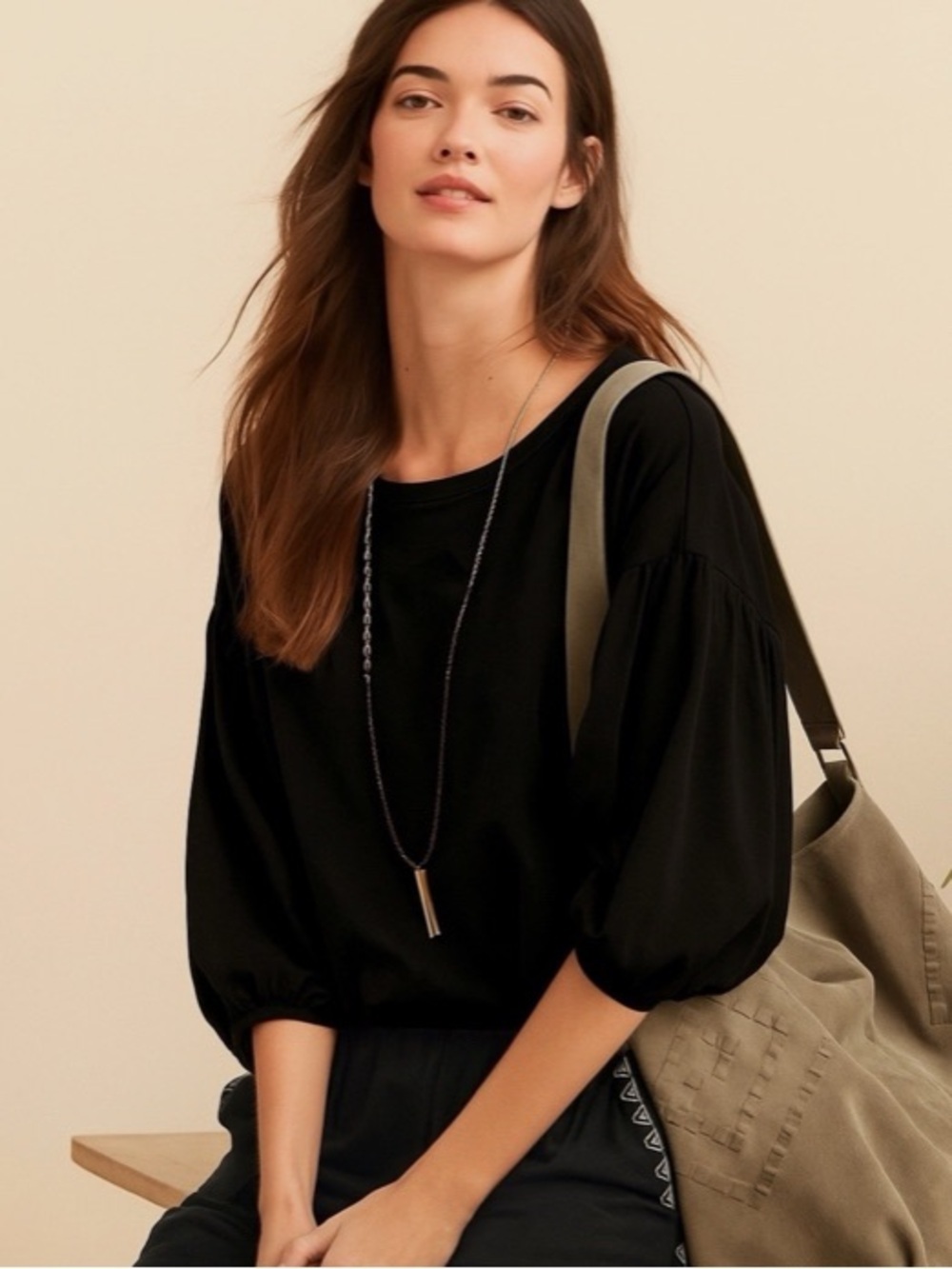 Garnet Hill Black Organic Pima Cotton Blouson Sleeve Tee - XS